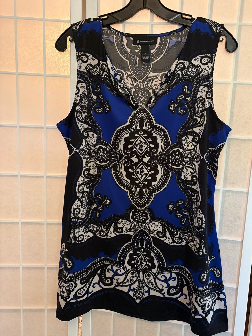 INC International Concepts Blue Black White Paisley V-Neck Tank